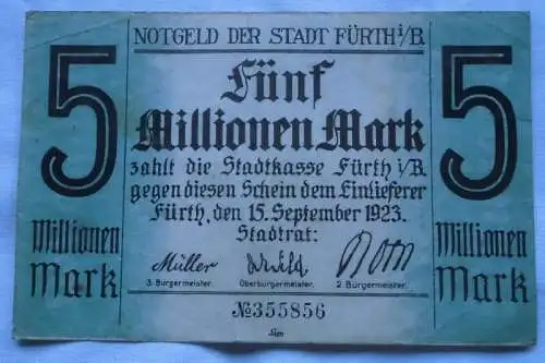 Banknote 5 Millionen Mark Notgeld der Stadt Fürth i.B. 15. September 1923