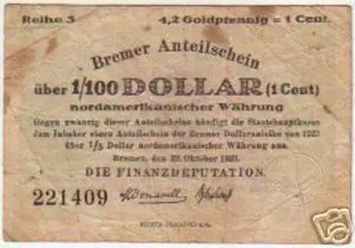 Banknote 4,2 Goldpfennig Bremer Anteilschein 1923