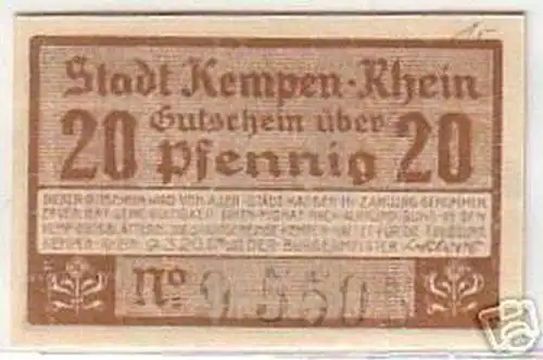 20 Pfennig Banknote der Stadt Kempen Rhein 1920