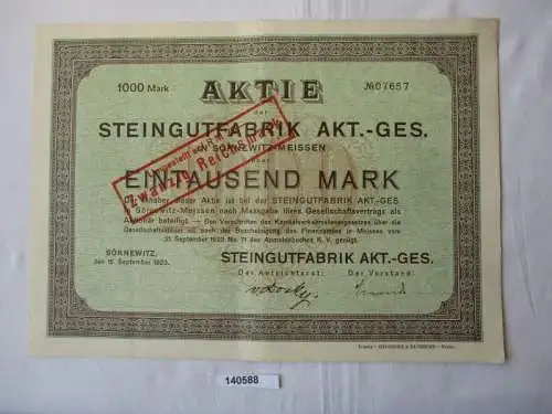 1000 Mark Aktie Steingutfabrik AG Sörnewitz 15. September 1923 (140588)