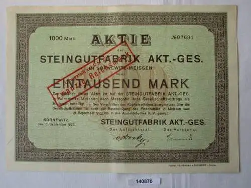 1000 Mark Aktie Steingutfabrik AG Sörnewitz 15. September 1923 (140870)