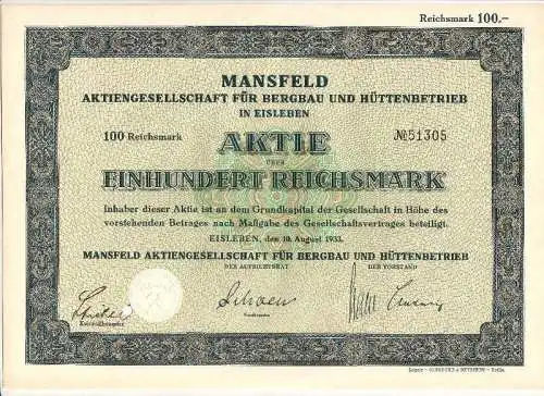 alte Aktie Mansfeld AG für Bergau und Hüttenbetrieb Eisleben 100 Mark 1933