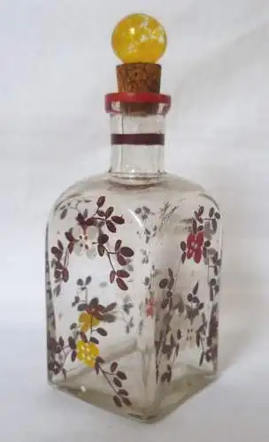 uralte Glas-Flasche handbemalt Blüten, um 1900