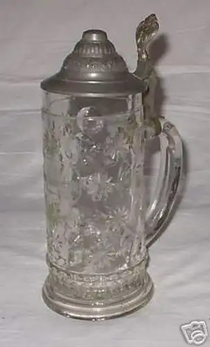 alter Krug Bierkrug Andenkenglas mit Zinndeckel um 1900