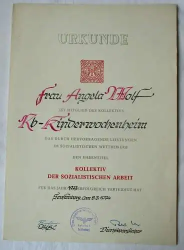 DDR Urkunde Kollektiv soz. Arbeit Deutsche Reichsbahn Senftenberg 1974 (136313)