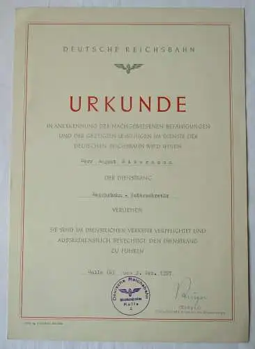 DDR Urkunde Dienstgradverleihung Untersekretär Deutsche Reichsbahn 1957 (136311)