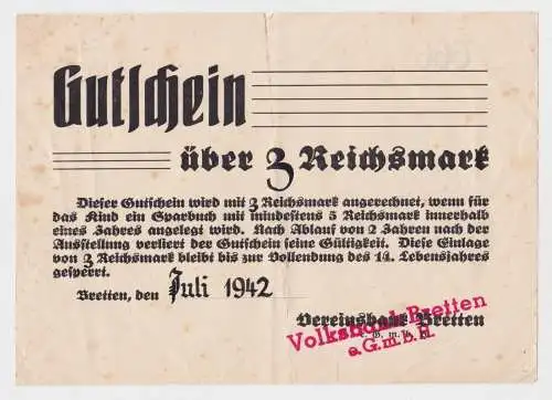 Gutschein über 3 Reichsmark Volksbank Bretten e.GmbH Juli 1942 (133784)