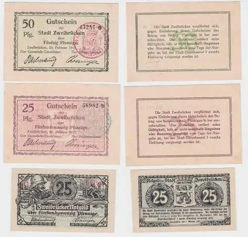 2 x 25 & 50 Pfennig Banknoten Notgeld Stadt Zweibrücken 1917/1919 (121357)