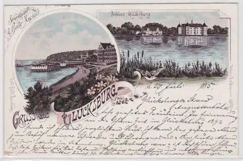 42980 Ak Lithographie Gruß aus Glücksburg Strandhotel & Badeanstalt, Schloß 1895