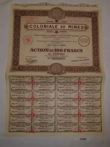 100 Francs Aktie Coloniale de Mines Paris 5. April 1929 (127506)