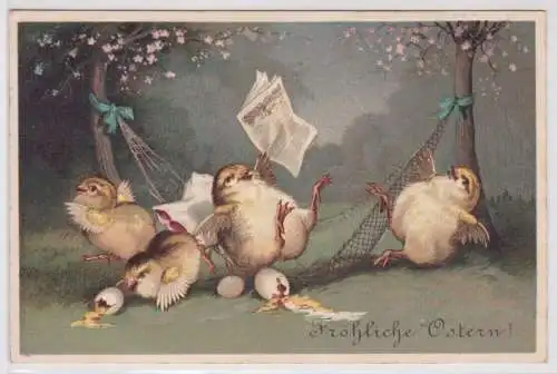 95091 Präge AK Fröhliche Ostern 4 Küken purzeln aus Hängematte 1912