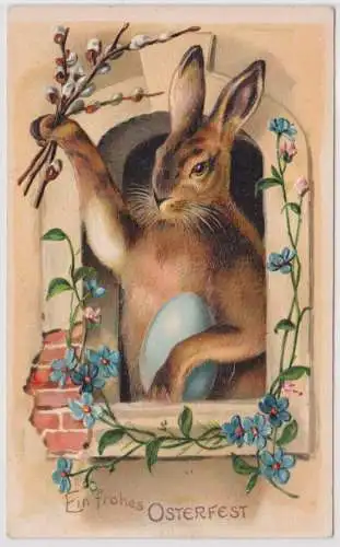 84977 Präge AK Fröhliche Ostern Osterhause schaut aus Fenster und winkt um 1910