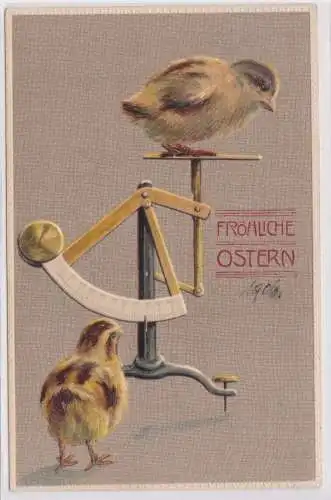 89804 Präge AK Fröhliche Ostern 2 Küken mit Briefwaage 1906