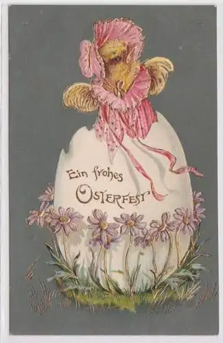 86861 Präge AK Fröhliche Ostern Küken im Kleid entsteigt Osterei 1919