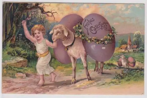 99595 Präge AK Fröhliche Ostern Kind führt Schaf mit Ostereiern 1908