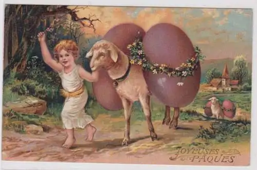 99583 Präge AK Fröhliche Ostern Kind führt Schaf mit Ostereiern um 1910