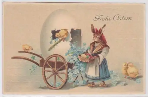 93001 Präge AK Fröhliche Ostern Häsin mit Handwagen und Riesenosterei 1914