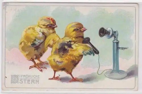 76974 Präge AK Fröhliche Ostern 2 Küken mit Telefonapparat 1914