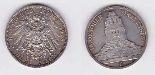 3 Mark Silber Münze Sachsen Völkerschlachtdenkmal Leipzig 1913 vz (103801)