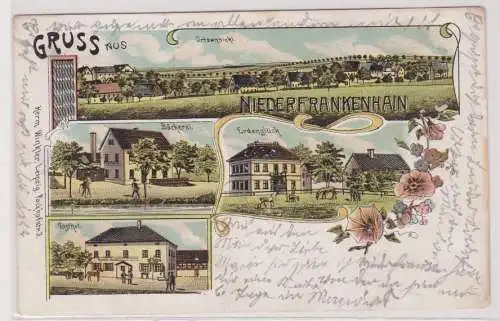 38672 Ak Lithographie Gruß aus Niederfrankenhain Bäckerei, Gasthof usw. 1908