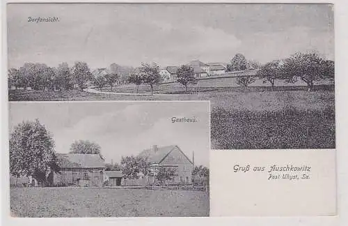 907864 Mehrbild Ak Gruß aus Auschkowitz Dorfansicht und Gasthaus um 1910