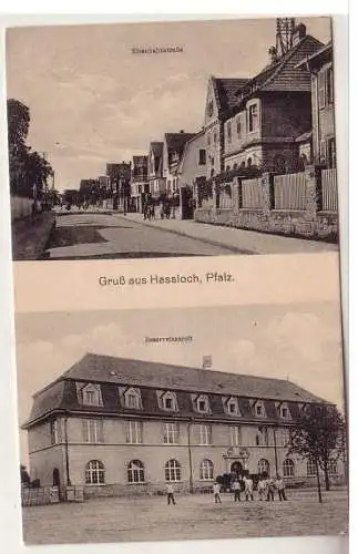 34881 Feldpost Ak Gruß aus Hassloch Eisenbahnstraße und Reservelazarett 1917