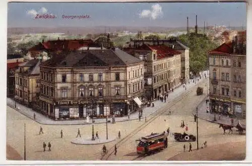 58671 Feldpost Ak Zwickau Georgenplatz mit Strassenbahn 1918