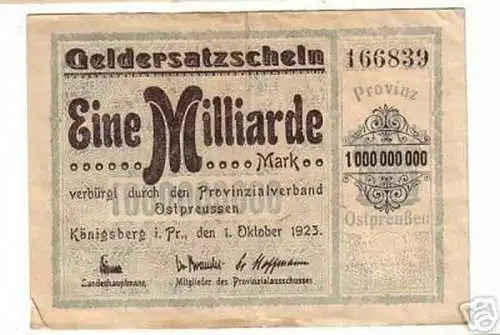 Banknote Inflation Königsberg in Ostpr. 1 Mrd. Mark1923