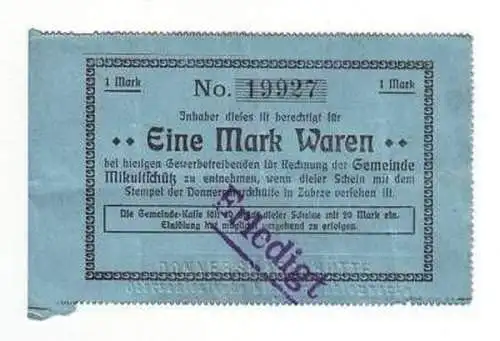 Banknote 1 Mark Mikultschütz Oberschlesien um 1918