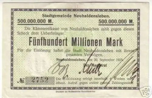 500000 Mill. Banknote Inflation Neuhaldensleben 1923