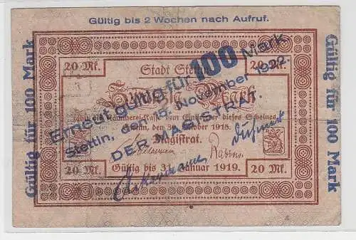 100 Mark Banknote Inflation Stadt Stettin 15.11.1923 Überdruck auf 20 Mark