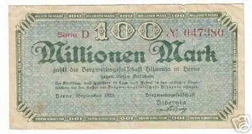 Banknote Inflation 100 Millionen Mark Herne 1923