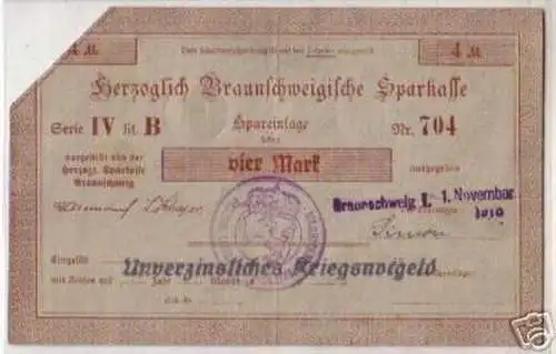 4 Mark Banknote Kriegsnotgeld Braunschweig 1918