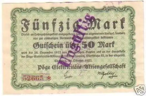 Banknote 50 Mark Großnotgeld Chemnitz Firma Pöge 1922