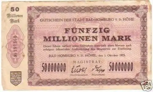 Banknote 50 Millionen Mark Inflation Bad Homburg 1923