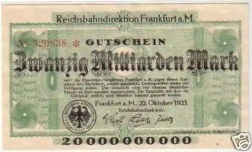 Banknote Inflation 20Mrd. Mark Frankfurt a.M 22.10.1923