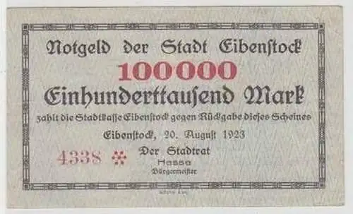 Banknote Inflatione 100000 Mark Stadt Eibenstock 1923