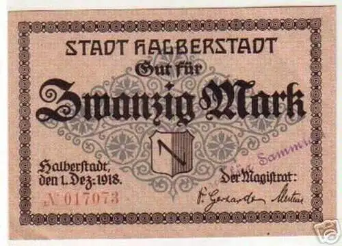 20 Mark Banknote Notgeld Stadt Halberstadt 1918