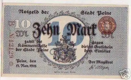 10 Mark Banknote Notgeld Stadt Peine 1918