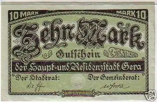 Banknote 10 Mark Großnotgeld Stadt Gera 1919