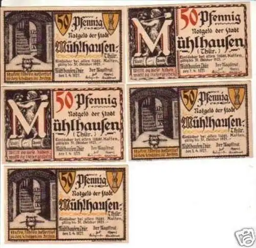 5 Banknoten Notgeld Stadt Mühlhausen 1921