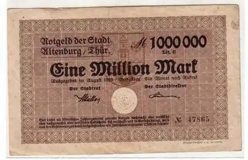 Banknote Inflation 1 Million Mark Stadt Altenburg August 1923