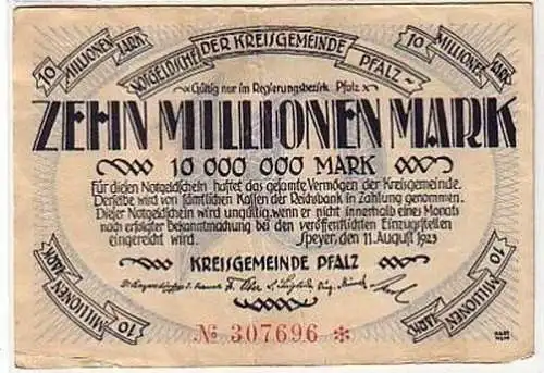 Banknote Inflation 10 Millionen Mark Speyer 1923