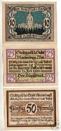 3 Banknoten Notgeld der Stadt Marienburg W.Pr. 1920