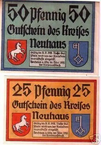 2 Banknoten Notgeld Neuhaus a. Oste 1921