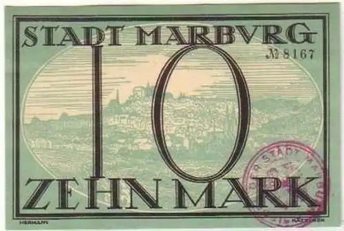 Banknote 10 Mark Großnotgeld Stadt Marburg 1918