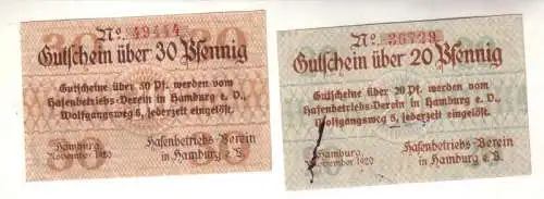 2 Banknoten Notgeld Hafenbetriebs Verein in Hamburg e.V. 1920