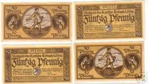 4 Banknoten Notgeld Kreis Erbach im Odenwald 1918