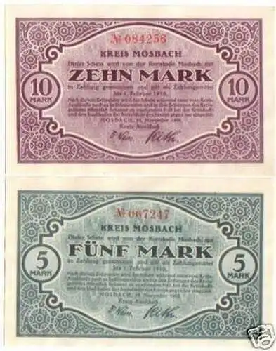 2 Banknoten Großnotgeld Kreis Mosbach 1918