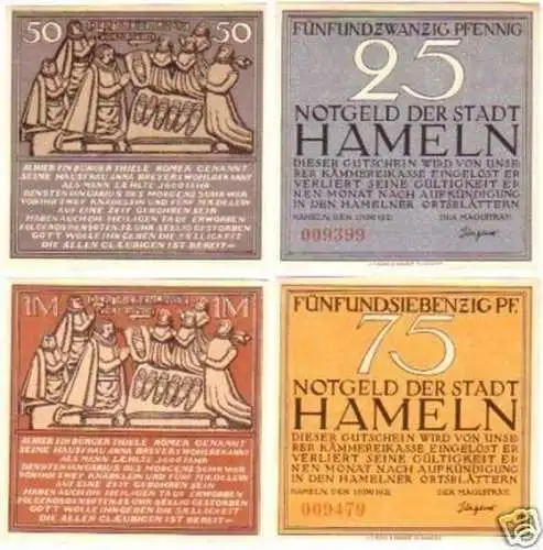 4 Banknoten Notgeld Stadt Hameln 1921